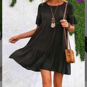 Black lace-trim empire waist dress